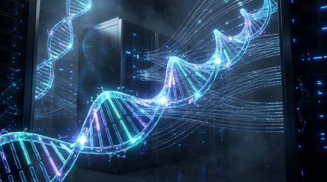 Digital glowing DNA strand helix model hovering inside a futuristic server room data center with genetics biotechnology computer
