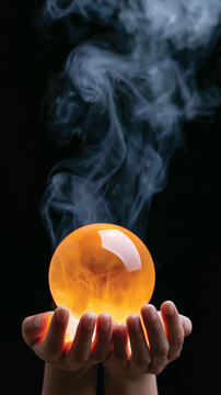 Halloween fortune telling concept with glowing orange crystal ball held in hands and mystical smoke rising against black background