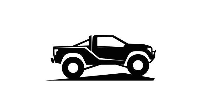 Black silhouette of a rugged off-road pickup truck on rough terrain, perfect for outdoor adventure, heavy duty transportation, and automotive themes or logos