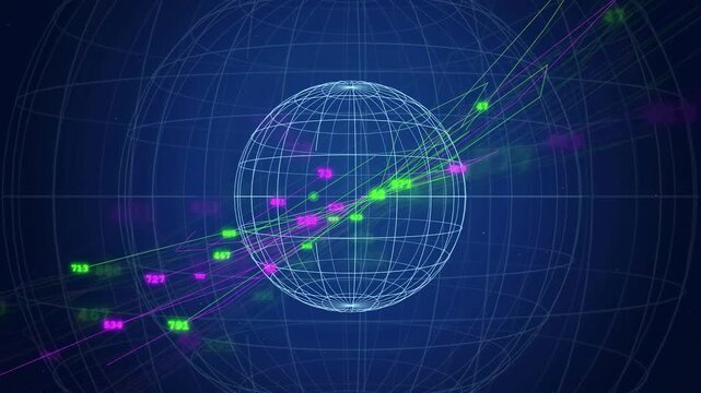 Digital holographic globe with flowing data streams and numeric codes on a dark blue background