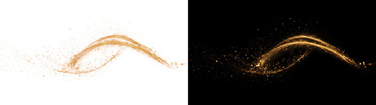 Golden glow light wave curving with sparkling gold dust ideal for design use in PNG, Transparent and Black Background Versions
