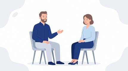 Obraz premium Professional man with brown beard and woman having a productive office conversation while sitting on grey chairs in bright minimalist studio setting during a casual business meeting or therapy session
