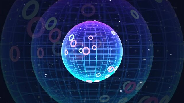 Futuristic Digital Globe with Glowing Data Points and Rotating Holographic Interface on Dark Blue Background