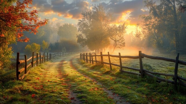 Country garden with wooden fence and morning mist