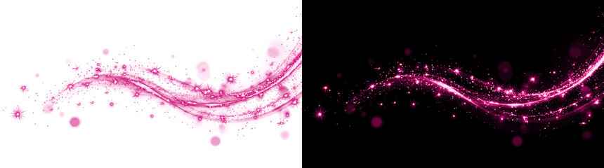 Pink magic sparkle wave with glowing star effects swirling across a banner for dreamy background designs with PNG, Transparent and Black Background Versions © Rubel