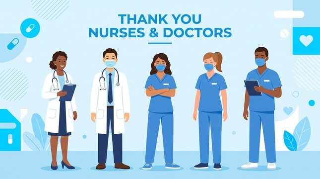 Diverse medical staff including nurses and doctors wearing protective blue face masks standing together against a light blue backdrop with hearts and pills in a professional vector graphic illustratio