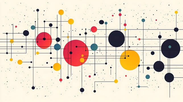 Networked Connection: An abstract digital network composed of colored circles and intersecting lines, representing data flow and interconnectedness in a modern, geometric design.