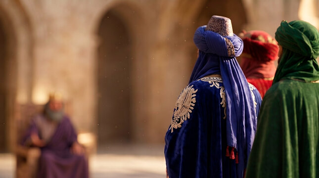 Rear view of three biblical wise men facing King Herod in a palace