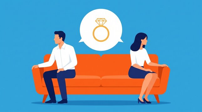 Distanced couple sitting on bright orange couch while avoiding eye contact with diamond engagement ring floating in speech bubble above them representing relationship problems and difficult choices ab