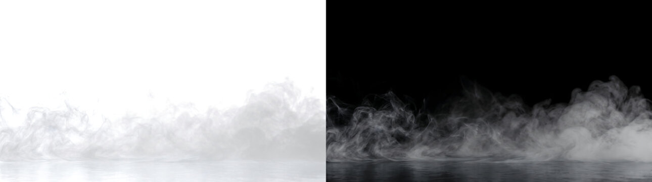 Fog creates a realistic white ground smoke layer for visual effects in PNG, Transparent and Black Background Versions