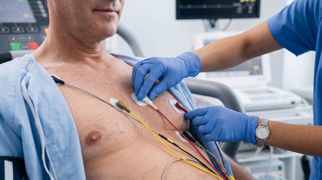 Close up of a female nurse in blue scrubs and gloves placing ekg electrodes on the chest of ad social media download thambnail poster web template event festival 2026 2027 2028