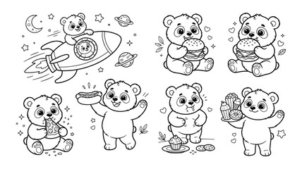 Obraz premium Cute bear cartoon outline collection eating fast food burger pizza hotdog fries playful poses vector illustration set isolated on white background