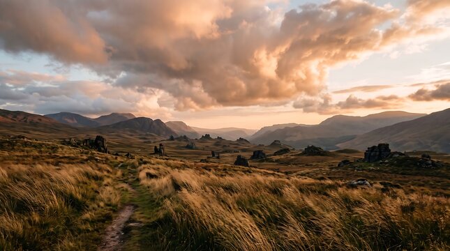 Narrow hiking path through golden mountain meadows during warm sunset with dramatic clouds.