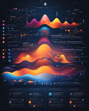 Abstract Data Visualization: A vibrant, abstract digital art piece showcases a complex data visualization with glowing, wavy lines representing information flow and growth, set against a dark.