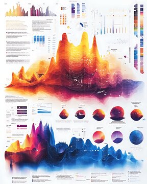 Data Visualization Landscape: An abstract digital art piece showcasing vibrant, colorful landscapes formed from intricate data visualizations, charts, graphs, and statistical elements.