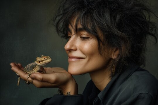 A joyful woman smiling at her pet lizard showcasing a deep bond between humans and reptiles in an artistic natural setting. Generative AI