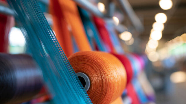 dyeing fabric yarn displayed in a bright industry production factory, textile manufacturing concept, colorful, industrial, bright, with copy space