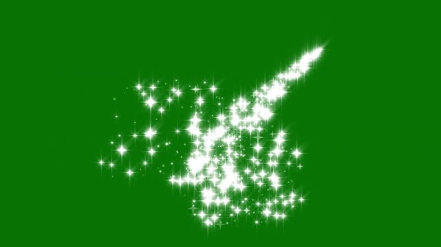 Shimmering pixie dust trail animation with glowing white stars, sparkling glitter particles, magical light path  elegant twinkle effects and dreamy fantasy transition on green background in 4k