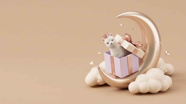 Whimsical llama in gift boxes on crescent moon with clouds
