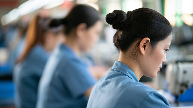rear view of chinese female workers in a row at a bright clothing factory, backs to camera, manufacturing concept, textile industry, teamwork, bright, with copy space