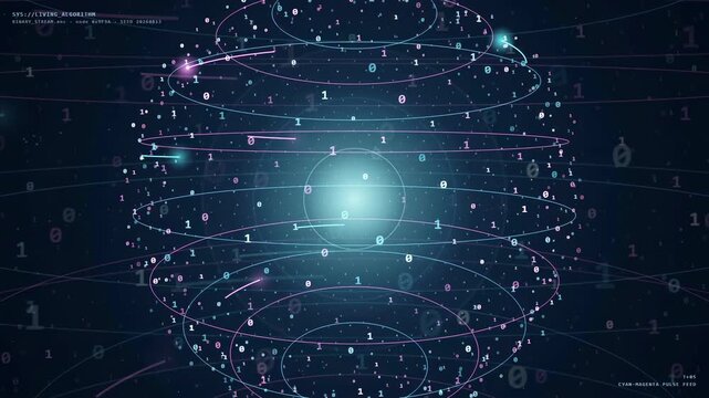 Abstract digital globe of binary data and glowing particles rotating in a dark cyberspace