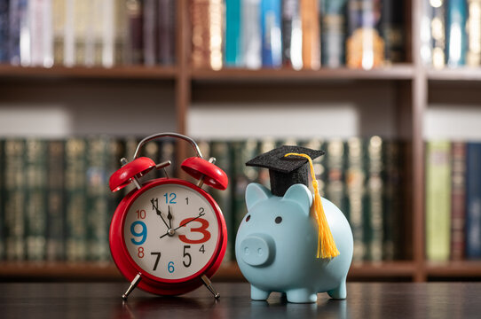 A conceptual image representing the cost of education, science funding, and financial literacy, featuring an academic cap and a piggy bank