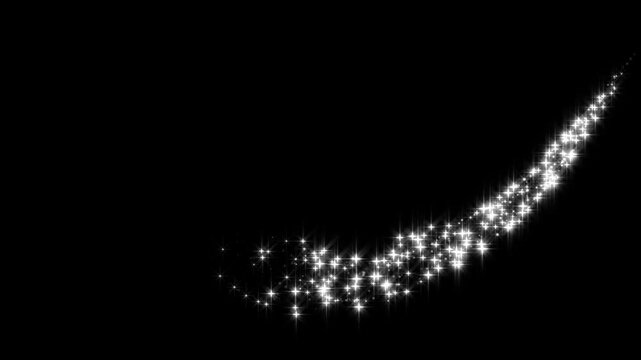 Glowing magic sparkle trail animation with white glitter stars, twinkling fairy dust, shimmering particles and luminous festive light effects on black screen background, seamless 4k video