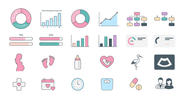 : Pregnancy and Fetal Development Infographic Icon Set with Maternity Charts Ultrasound Stork and Medical Elements Vector Illustration.