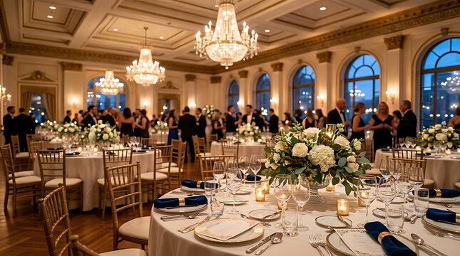 Elegant luxury ballroom gala dinner with crystal chandeliers and formal table settings