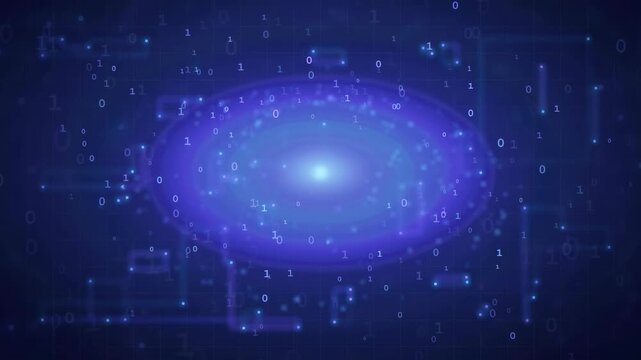 Abstract digital background with glowing purple energy sphere and floating binary code data stream