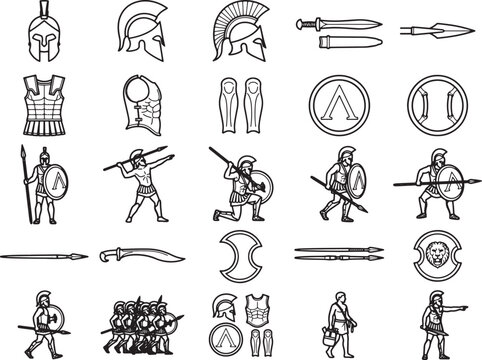 Ancient Spartan Warriors and Armament: A collection of illustrations depicting ancient Spartan warriors in full battle gear, including helmets, shields, spears, and armor.
