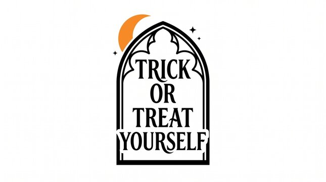 Trick or treat yourself typography in gothic arch frame with orange moon