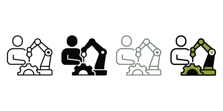 Industrial Automation Icons Set, Engineer Operating Robotic Arm, Robotics Technology, Manufacturing Automation and Engineering Outline Vector Illustration