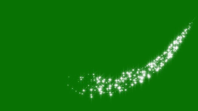 Glowing magic sparkle trail animation with white glitter stars, twinkling fairy dust, shimmering particles and luminous festive light effects on green screen background, seamless 4k video