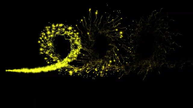 Golden glitter star dust trail with sparkling fairy particles, glowing magic light, twinkling stars and shimmering cinematic effects on black screen background, 4k animation