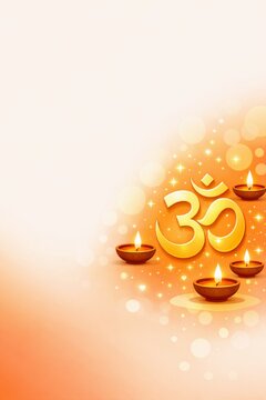 Golden om symbol with lit oil lamps and bokeh lights on warm orange background for diwali greeting card banner and festive background design