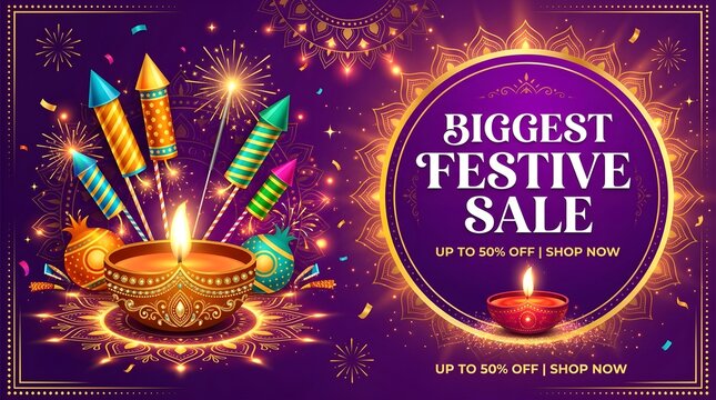 Biggest festive sale banner with up to 50 percent off, featuring colorful firecrackers, traditional diya lamps, and mandala patterns on purple