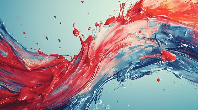 Dynamic Fluid Abstraction: A vibrant interplay of red and blue liquids, frozen in a moment of explosive motion, creating a captivating abstract form suggestive of power and energy.