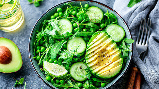 Green salad bowl with avocado slices cucumber and peas on dark table weight loss cucumber