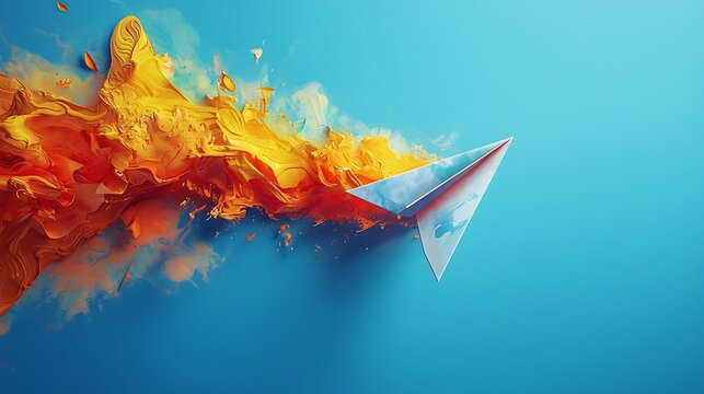 Paper Airplane's Fiery Ascent: A paper airplane launches into a vibrant blue sky, leaving a trail of explosive orange and yellow energy, symbolizing innovation and a daring spirit.
