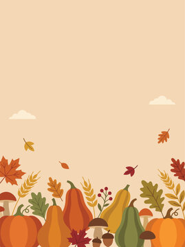A beautiful autumn scene with pumpkins falling leaves and fluffy clouds creates a warm and inviting thanksgiving vector background for seasonal celebrations