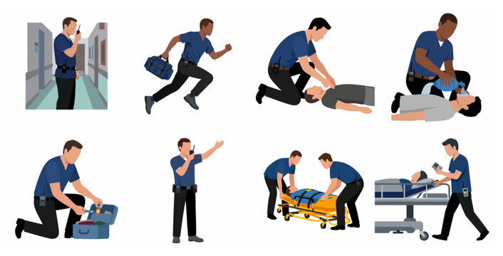 Set of emergency medical services (EMS) paramedics and first responders performing life-saving procedures, CPR, and patient care in flat vector illustration style.