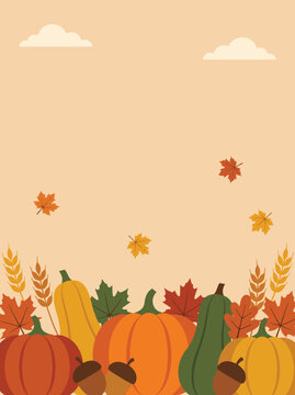 A beautiful autumn scene with pumpkins falling leaves and fluffy clouds creates a warm and inviting thanksgiving vector background for seasonal celebrations