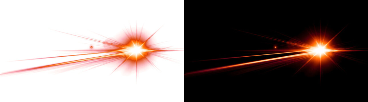 Orange lens flare light burst with bright streaking rays, PNG, Transparent and Black Background Versions for cosmic designs
