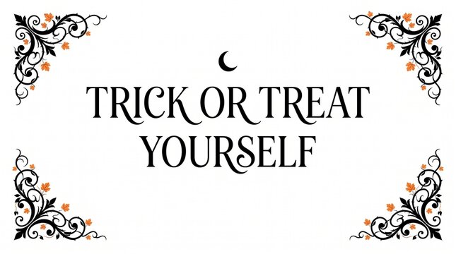 Trick or treat yourself typography with black flourish corners and orange leaves