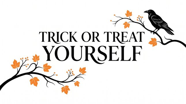 Trick or treat yourself typography with black crow and orange autumn leaves