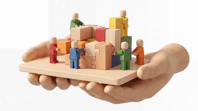 Diverse team holding puzzle pieces together for corporate unity and partnership metaphor concept.