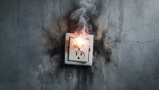 Electrical wall outlet sparking and smoking dangerously due to a severe short circuit failure on a dark textured concrete background captured in this cinematic view