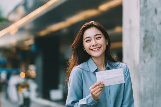 Happy young woman smiling while holding a document outdoors showcasing positive emotions urban setting and cheerful expression. Generative AI