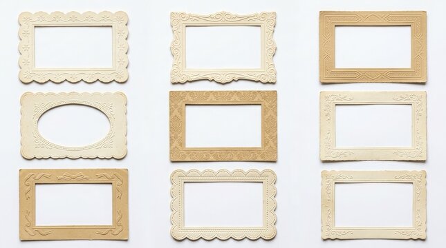 A collection of various decorative wooden and vintage style picture frames arranged in a grid pattern isolated on a plain white background